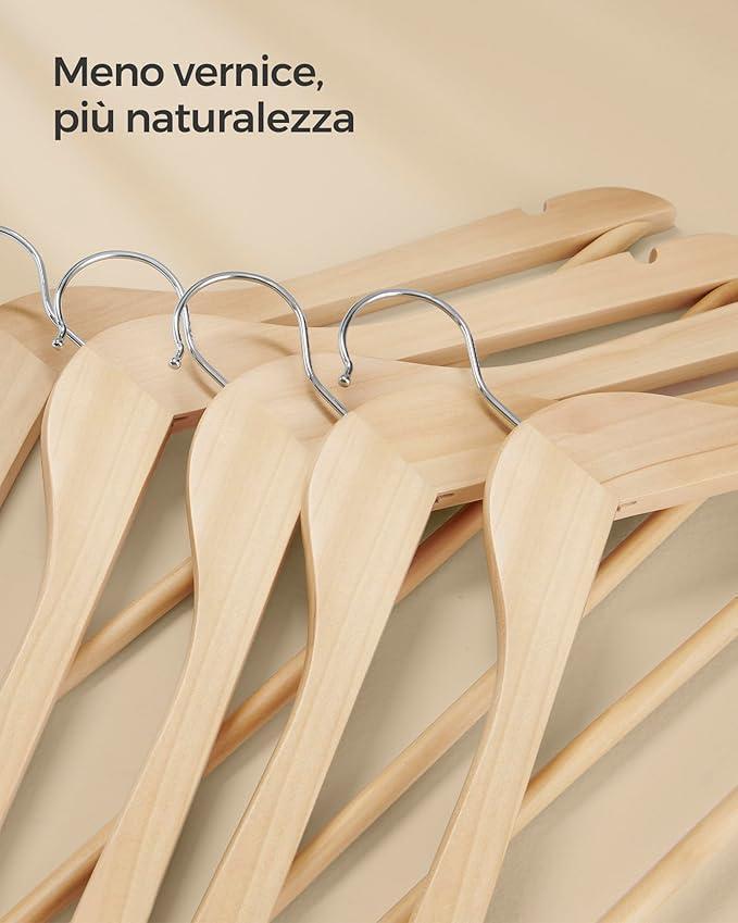 Grucce in Legno, 24 Pezzi, Grucce Appendiabiti, con Scanalature sulle Spalle, Barra per Pantaloni, Giacche Camicie Cappotti, Beige Naturale