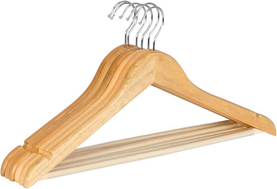 Grucce in Legno, 6 Pezzi, Grucce Appendiabiti, con Scanalature sulle Spalle, Barra per Pantaloni, Giacche Camicie Cappotti, Beige Naturale