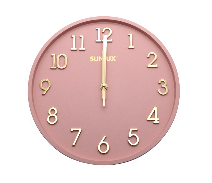 Orologio da parete rotondo, Diametro 28cm, Rosa antico, Numeri e lancette Oro
