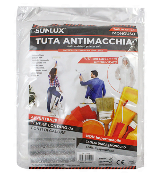 5 Tute protettiva monouso, antimacchia in Polipropilene, con cappuccio, Taglia Unica