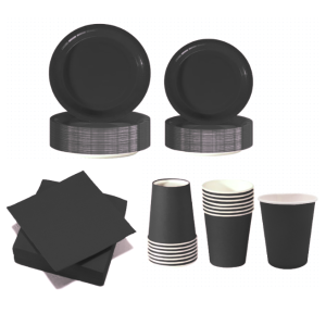 Set stoviglie carta monouso nero 112 pezzi , festa di compleanno, kit per 24 ospiti