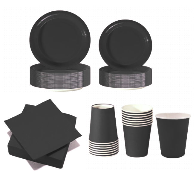 Set Stoviglie Carta Monouso Nero 112 pezzi , festa di compleanno, kit per 24 ospiti