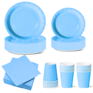 Set stoviglie carta monouso celeste 112 pezzi , festa di compleanno, kit per 24 ospiti