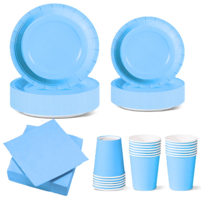 Set Stoviglie Carta Monouso Celeste 112 pezzi , festa di compleanno, kit per 24 ospiti