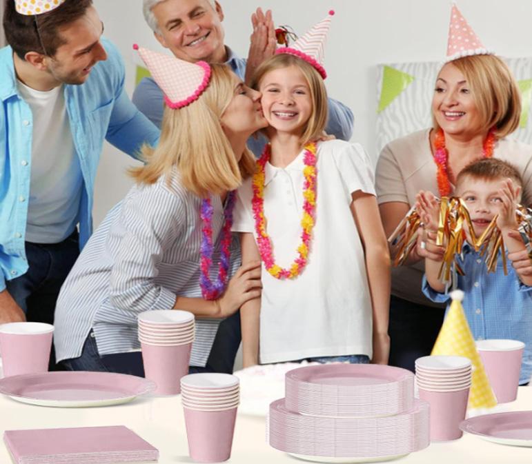 Set Stoviglie Carta Monouso Rosa 112 pezzi , festa di compleanno, kit per 24 ospiti