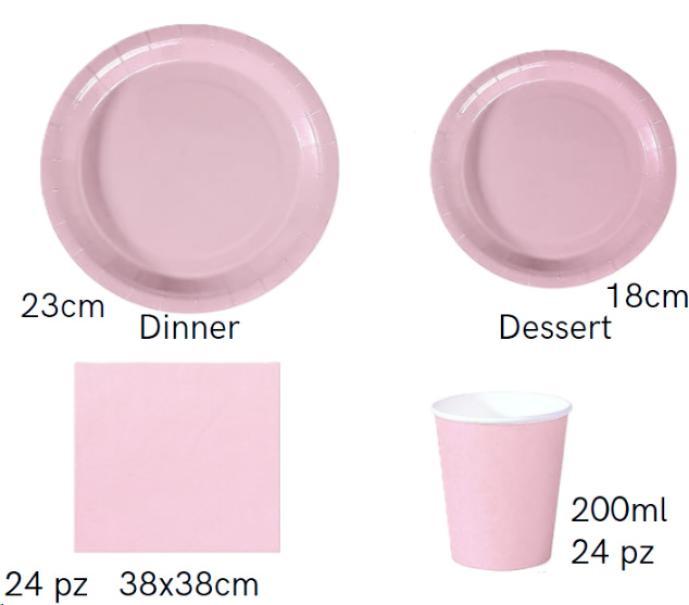 Set Stoviglie Carta Monouso Rosa 112 pezzi , festa di compleanno, kit per 24 ospiti