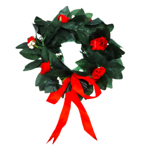 Corona laurea alloro finto con rose rosse – ø 30 cm – ghirlanda decorativa per festa di laurea, elegante e realistica