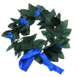 Corona laurea alloro finto con rose blu – ø 30 cm – ghirlanda decorativa per festa di laurea, elegante e realistica