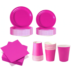 Set stoviglie carta monouso fucsia 112 pezzi , festa di compleanno, kit per 24 ospiti