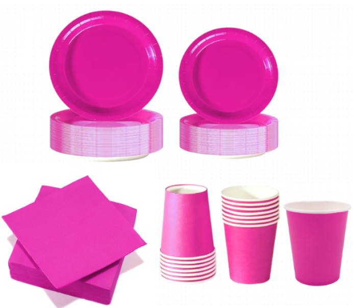 Set Stoviglie Carta Monouso Fucsia 112 pezzi , festa di compleanno, kit per 24 ospiti