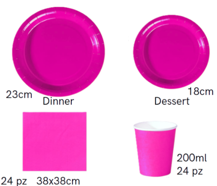 Set Stoviglie Carta Monouso Fucsia 112 pezzi , festa di compleanno, kit per 24 ospiti