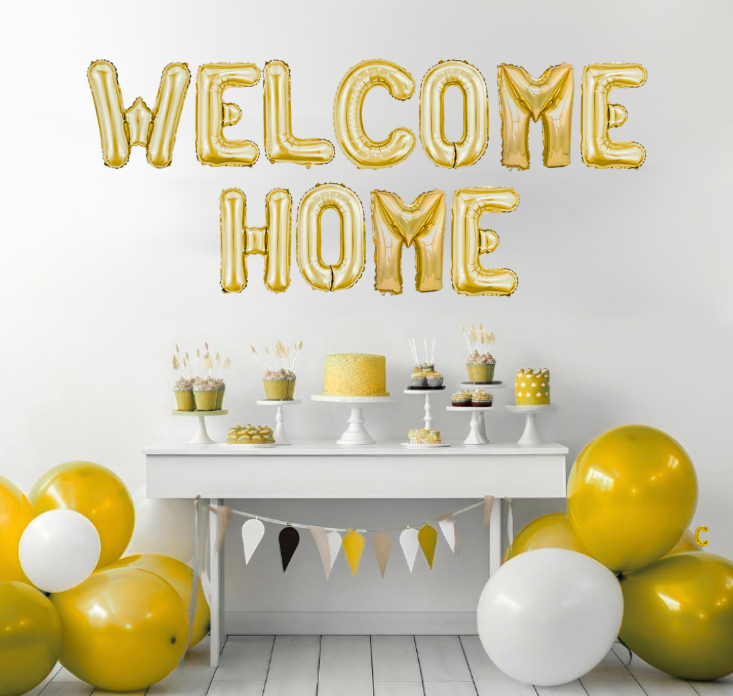 Palloncini Scritta WELCOME HOME Oro metal, palloncini 35 cm 
