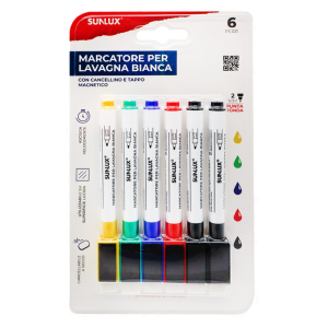 Marcatori per lavagna bianca con tappo magnetico e cancellino – set da 6 (2 neri, blu, rosso, verde, giallo) – punta tonda 2mm