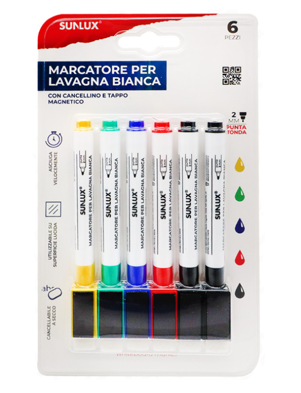 Marcatori per Lavagna Bianca con Tappo Magnetico e Cancellino u2013 Set da 6 (2 Neri, Blu, Rosso, Verde, Giallo) u2013 Punta Tonda 2mm