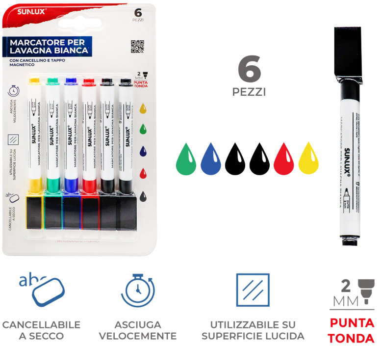 Marcatori per Lavagna Bianca con Tappo Magnetico e Cancellino u2013 Set da 6 (2 Neri, Blu, Rosso, Verde, Giallo) u2013 Punta Tonda 2mm