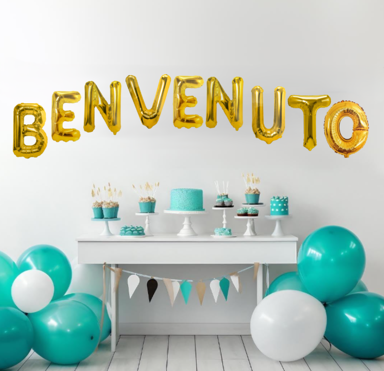 Palloncini Scritta BENVENUTO Oro , palloncini 35 cm oro metal