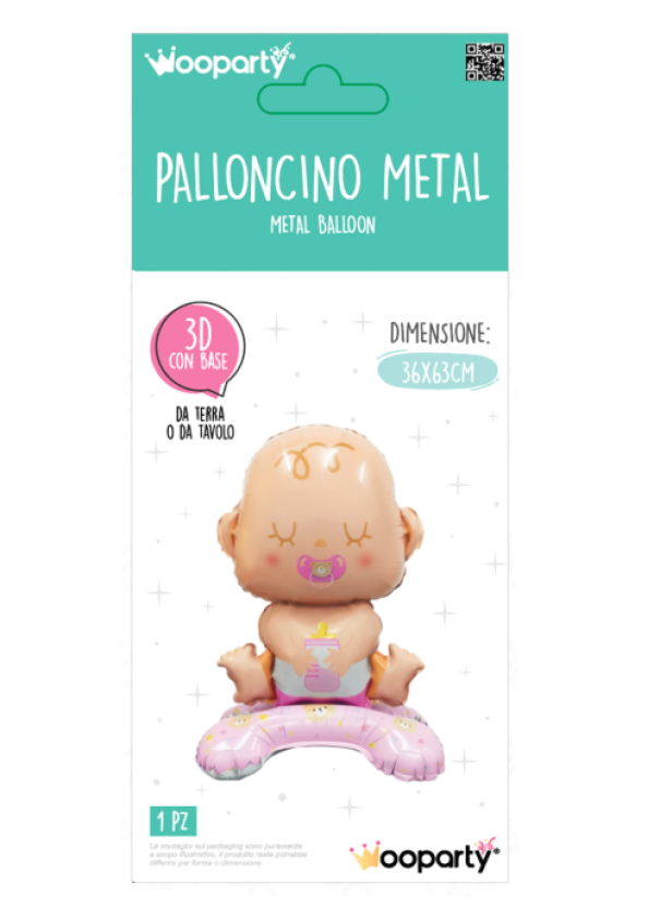 Palloncino Gonfiabile Baby 3D con Base u2013 Decorazione in Foil Metallo 36x63 cm, Tema Neonata Rosa, Ideale per Baby Shower, Nascita, Battesimo