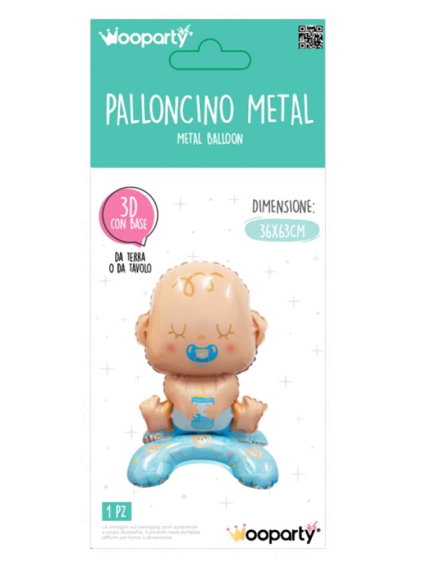 Palloncino Gonfiabile Baby 3D con Base u2013 Decorazione in Foil Metallo 36x63 cm, Tema Neonato Celeste, Ideale per Baby Shower, Nascita, Battesimo