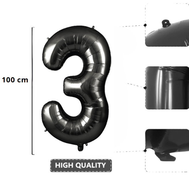 Palloncino Numero 3 Nero Metallizzato 100 cm