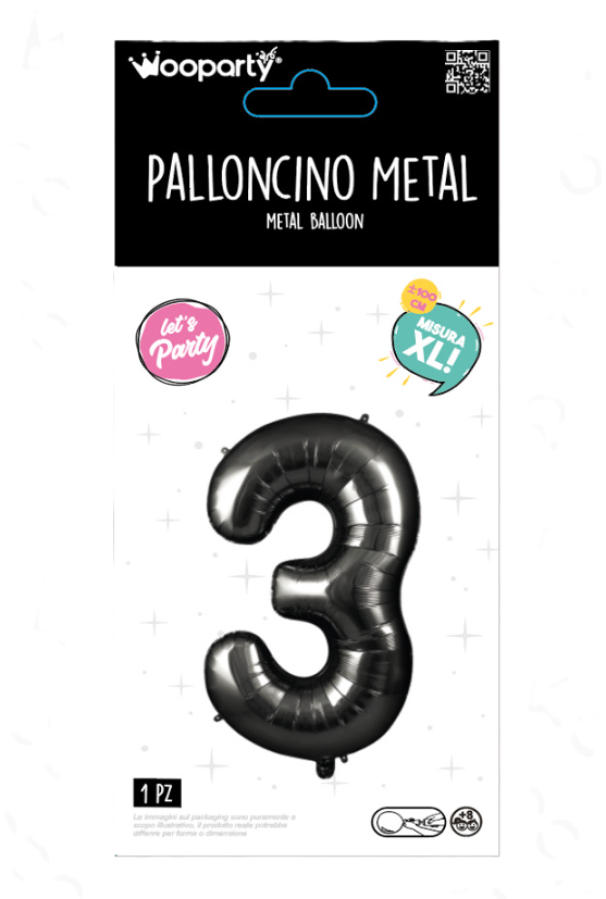 Palloncino Numero 3 Nero Metallizzato 100 cm