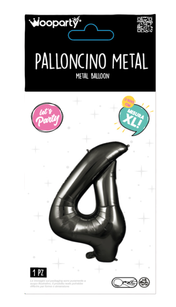 Palloncino Numero 4 Nero Metallizzato 100 cm