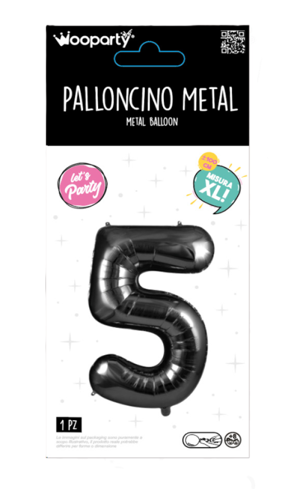Palloncino Numero 5 Nero Metallizzato 100 cm