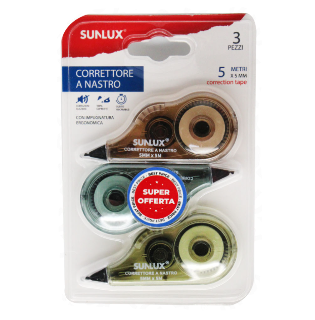 Correttore a Nastro 5mm x 5m u2013 Set 3 Pezzi Multicolore, Cancellazione Precisa e Pulita, Ideale per Scuola, Ufficio e Casa