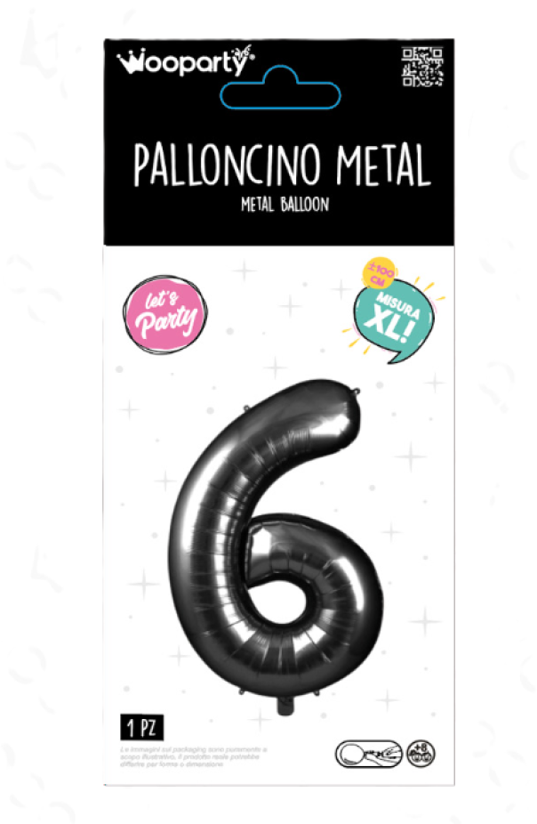 Palloncino Numero 6 Nero Metallizzato 100 cm