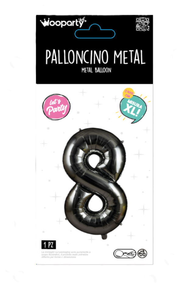 Palloncino Numero 8 Nero Metallizzato 100 cm