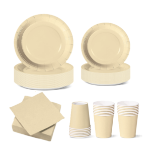 Set stoviglie carta monouso avorio 112 pezzi, festa di compleanno, kit per 24 ospiti