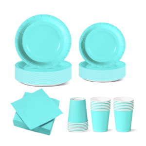 Set stoviglie carta monouso turchese 112 pezzi, festa di compleanno, kit per 24 ospiti