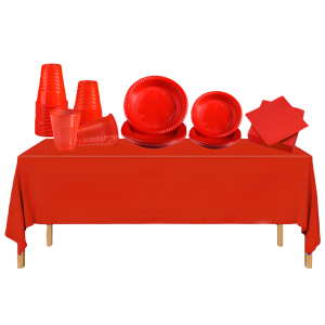 Set stoviglie plastica rosso – 140 pezzi - 20 piatti dessert 17 cm, 20 piatti piani 22 cm, 50 bicchieri,  50 tovaglioli, 1 tovaglia 137x274cm – per feste, compleanni e picnic
