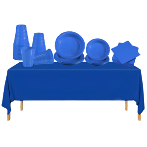 Set stoviglie plastica blu – 140 pezzi - 20 piatti dessert 17 cm, 20 piatti piani 22 cm, 50 bicchieri,  50 tovaglioli, 1 tovaglia 137x274cm – per feste, compleanni e picnic