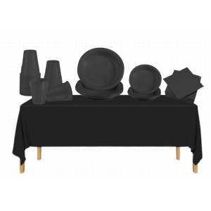 Set stoviglie plastica nero – 140 pezzi - 20 piatti dessert 17 cm, 20 piatti piani 22 cm, 50 bicchieri,  50 tovaglioli, 1 tovaglia 137x274cm – per feste, compleanni e picnic