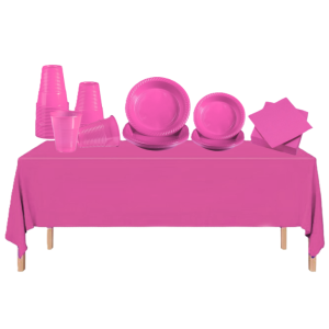 Set stoviglie fucsia in plastica riutilizzabile dura – 145 pezzi - 25 piatti dessert 17 cm, 20 piatti piani 22 cm, 50 bicchieri,  50 tovaglioli, 1 tovaglia 137x274cm – prodotto riutilizzabile