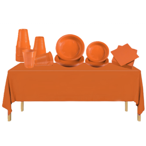 Set stoviglie plastica arancione – 140 pezzi - 20 piatti dessert 17 cm, 20 piatti piani 22 cm, 50 bicchieri,  50 tovaglioli, 1 tovaglia 137x274cm – per feste, compleanni e picnic