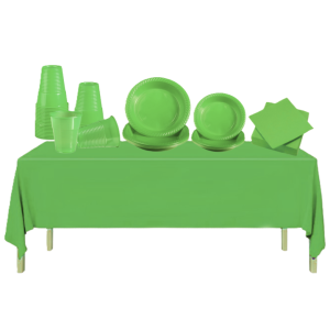 Set stoviglie plastica riutilizzabile verde – 145 pezzi - 25 piatti dessert 17 cm, 20 piatti piani 22 cm, 50 bicchieri,  50 tovaglioli, 1 tovaglia 137x274cm – per feste, compleanni e picnic