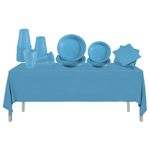 Set stoviglie plastica celeste – 146 pezzi - 25 piatti dessert 17 cm, 20 piatti piani 22 cm, 50 bicchieri,  50 tovaglioli, 1 tovaglia 137x274cm – per feste, compleanni e picnic
