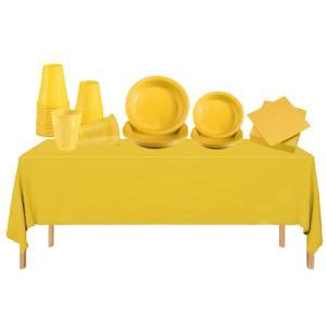 Set stoviglie plastica riutilizzabile giallo – 145 pezzi - 25 piatti dessert 17 cm, 20 piatti piani 22 cm, 50 bicchieri,  50 tovaglioli, 1 tovaglia 137x274cm – per feste, compleanni e picnic