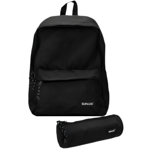 Set scuola zaino americano doppia tasca con zip e astuccio tombolino – colore nero – design unisex, capiente e resistente