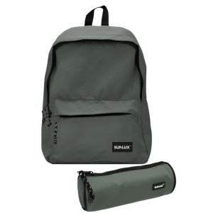 Set scuola zaino americano doppia tasca con zip e astuccio tombolino – colore grigio – design unisex, capiente e resistente