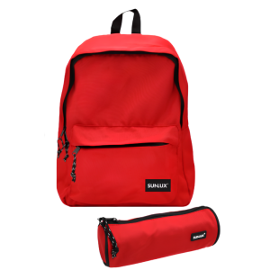 Set scuola zaino americano doppia tasca con zip e astuccio tombolino – colore rosso – design unisex, capiente e resistente