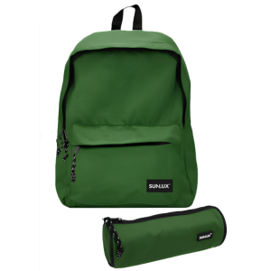 Set scuola zaino americano doppia tasca con zip e astuccio tombolino – colore verde – design unisex, capiente e resistente