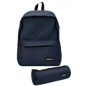 Set scuola zaino americano doppia tasca con zip e astuccio tombolino – colore blu notte – design unisex, capiente e resistente