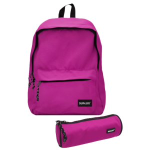 Set scuola zaino americano doppia tasca con zip e astuccio tombolino – colore fucsia – design unisex, capiente e resistente