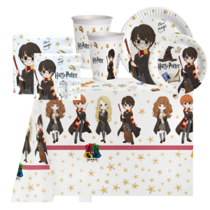 Set compleanno harry potter 8 ospiti (45 pezzi: 8 piatti 18cm, 8 piatti 23cm, 8 bicchieri, 20 tovaglioli, 1 tovaglia), decorazioni magiche per party a tema