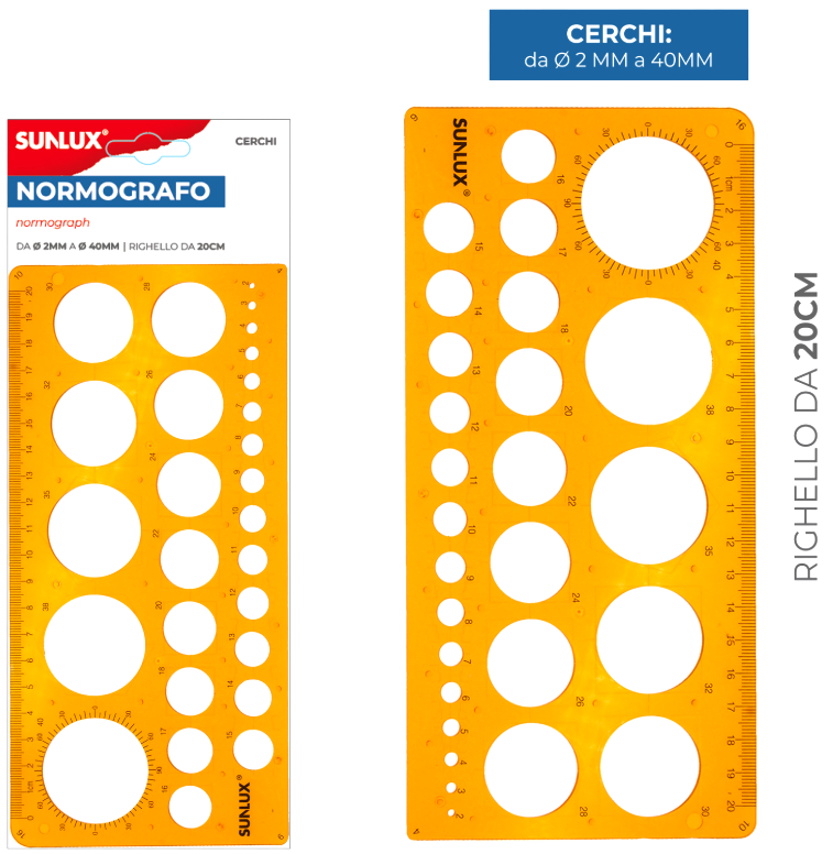 SUNLUX Normografo in Plastica u2013 Cerchi da u00d8 2 a 40 mm u2013 Dima per Cerchi Precisi, Ideale per Disegno Tecnico e Geometrico