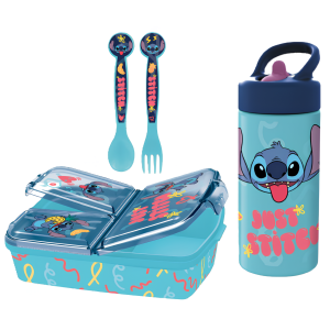 Set scuola stitch bambino – portapranzo 3 scomparti, posate e borraccia 410 ml, pranzo e merenda, ideale per bambini e fan disney