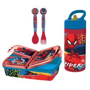 Set scuola spiderman bambino – portapranzo 3 scomparti , posate e borraccia 410 ml, pranzo e merenda, ideale per bambini e fan disney