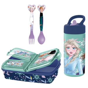 Set scuola frozen bambina – portapranzo 3 scomparti , posate e borraccia 410 ml, pranzo e merenda, ideale per bambini e fan disney